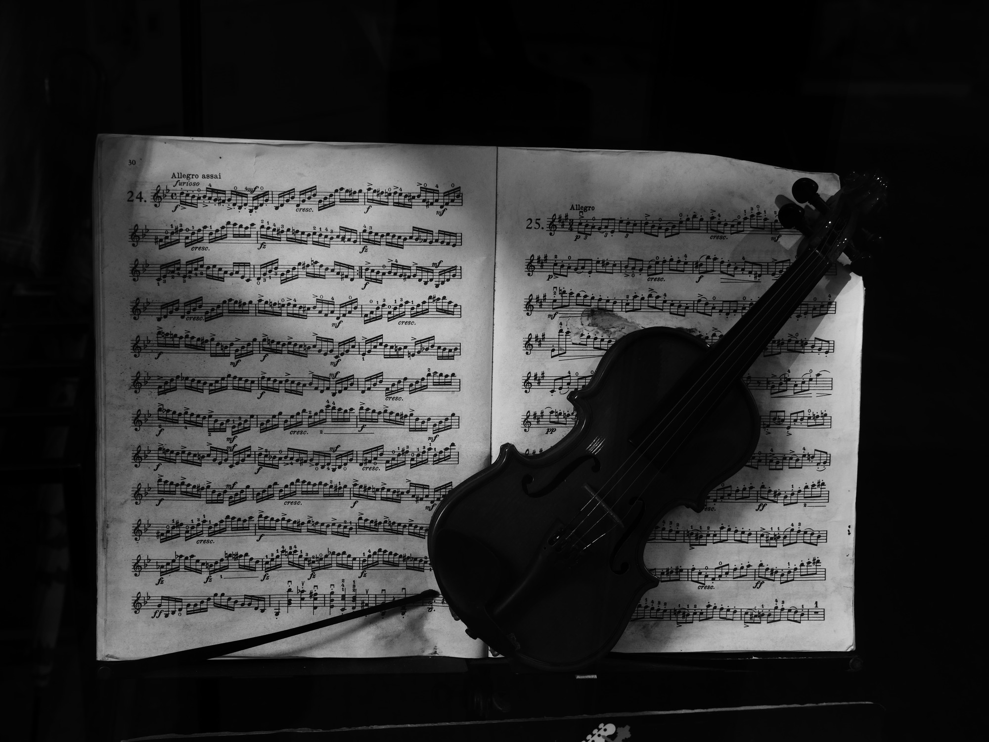 Een viool op bladmuziek.
