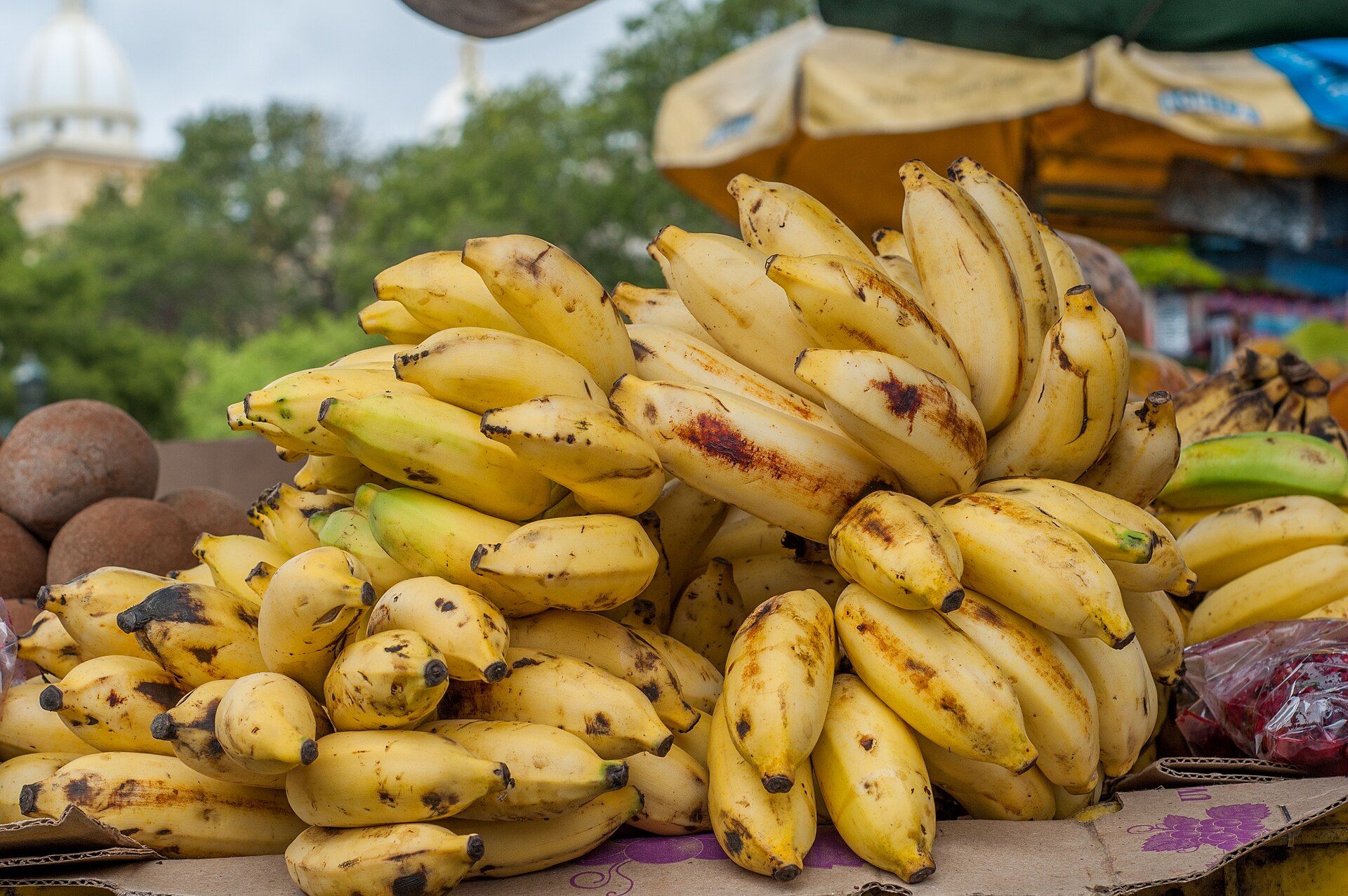 Trossen gele bananen op een marktstal.