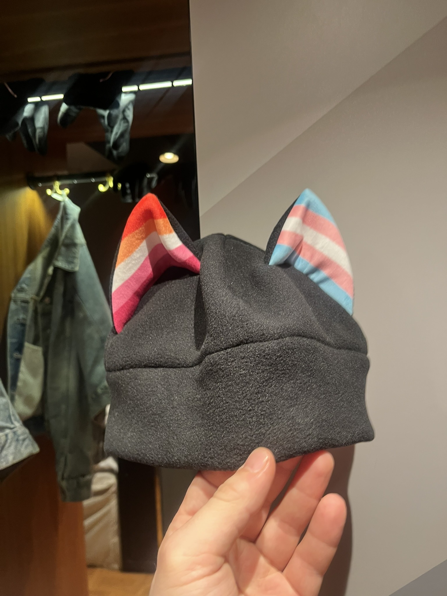 Gebreide muts met oortjes in de kleuren van pridevlaggen.
