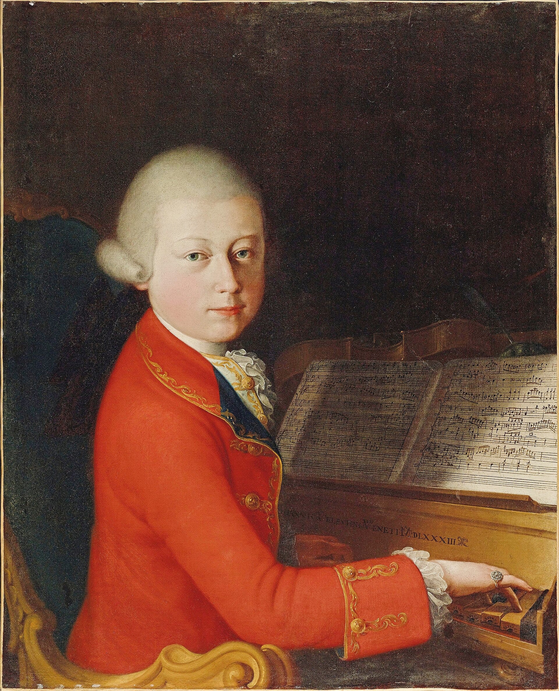 Geschilderd portret van de jonge Mozart bij een klavier in 1770.