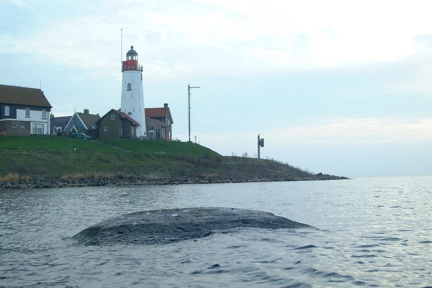 De Ommelebommelestien voor de kust van Urk. Geen opname van de KNRM-uitvaart uit 2023.