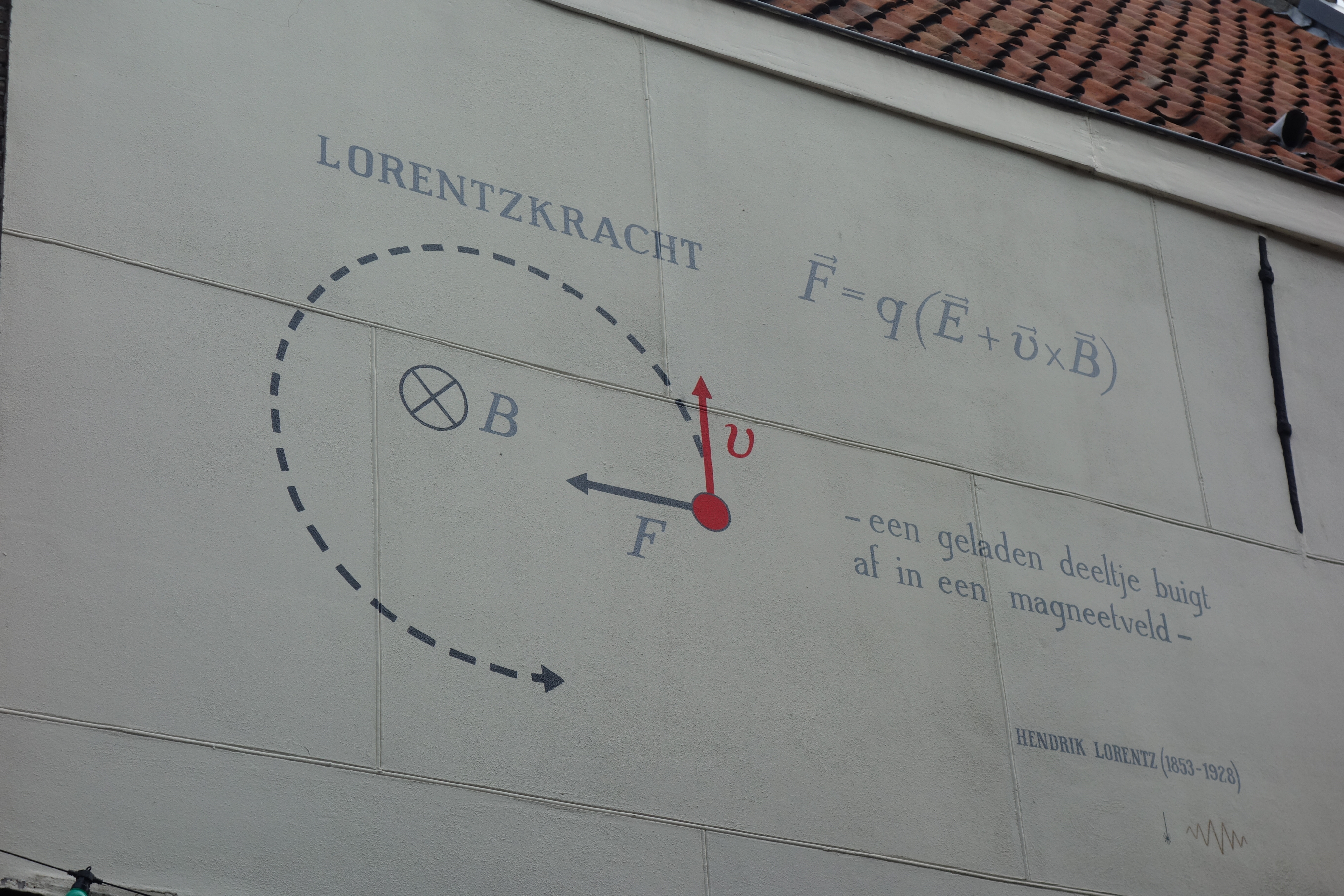 De Lorentzkracht-formule op de gevel van Hooigracht 49 in Leiden.