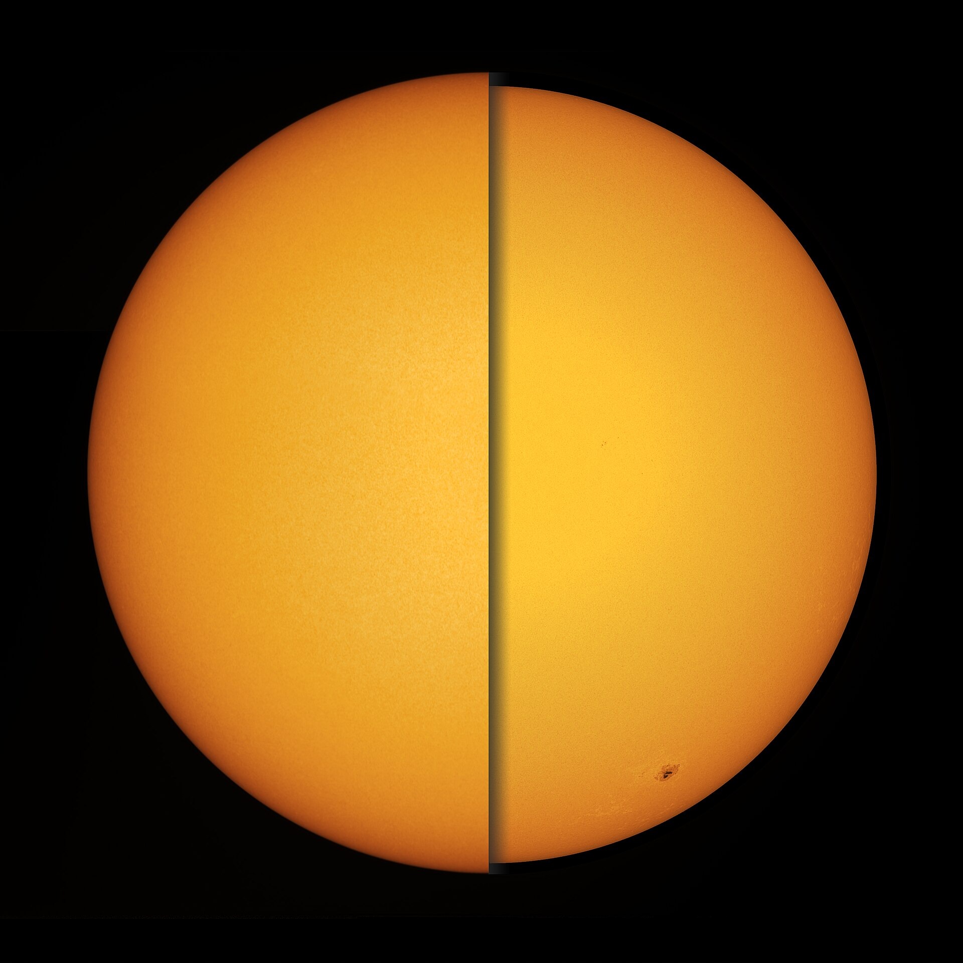 Twee halve zonneschijven naast elkaar laten het verschil in schijnbare grootte bij perihelium en aphelium zien.